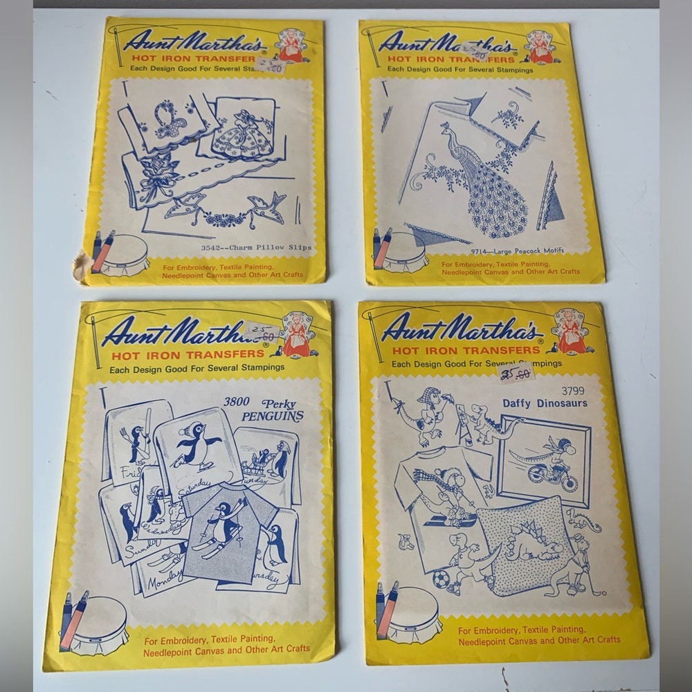 Aunt Martha’s Vintage 1940s Hot Iron Transfers-Set 4 Dinosaurs Peacocks Penguins